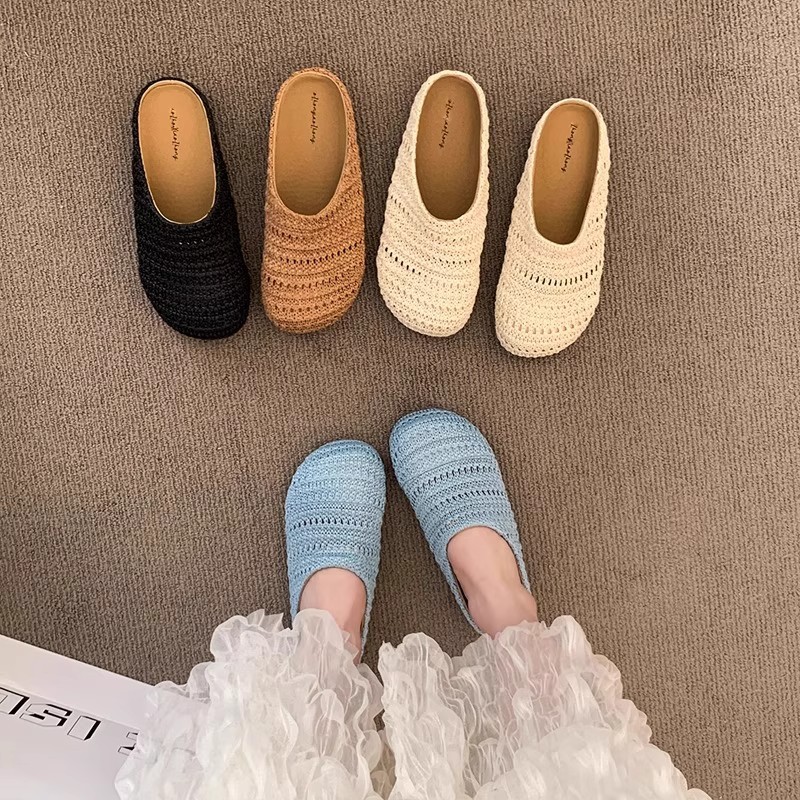 Women Shoes Mules - شباشب نسائية منسوجة من الرافيا، صنادل