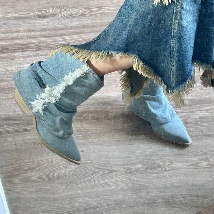 Women Shoes Jeans - مطوي الدنيم الكاحل أحذية النساء 2023