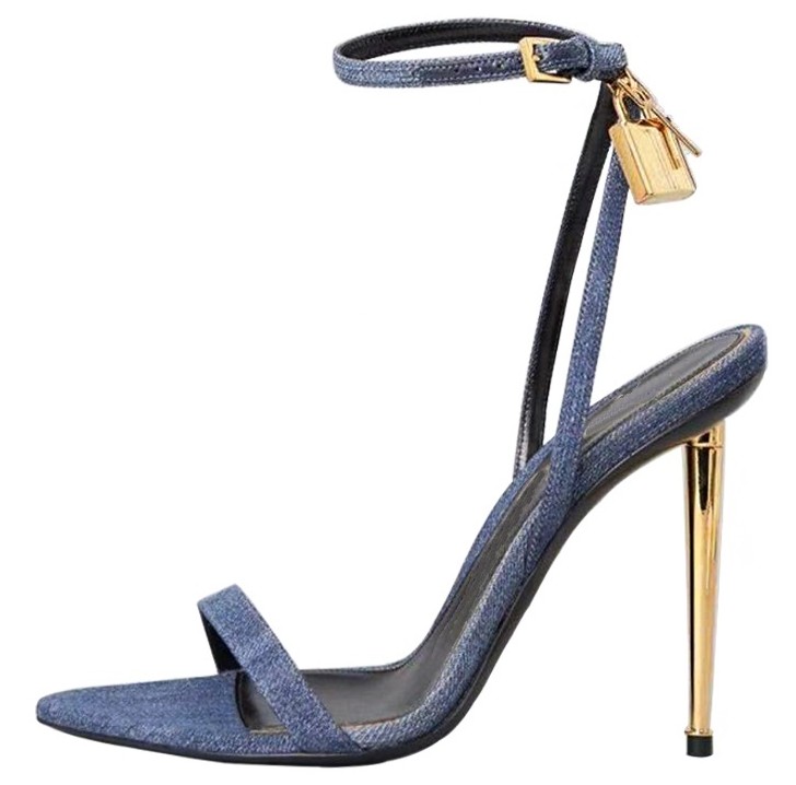 Women Shoes Jeans - شارب أشار الذهب قفل Strappy عالية