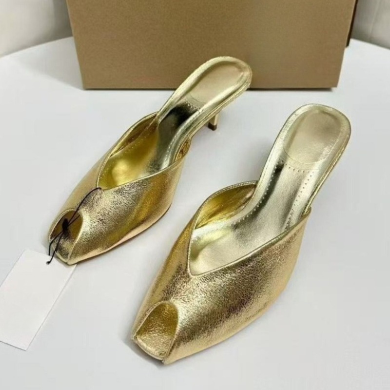 Women Shoes Mules - أحذية نسائية ذهبية لامعة بكعب متوسط،